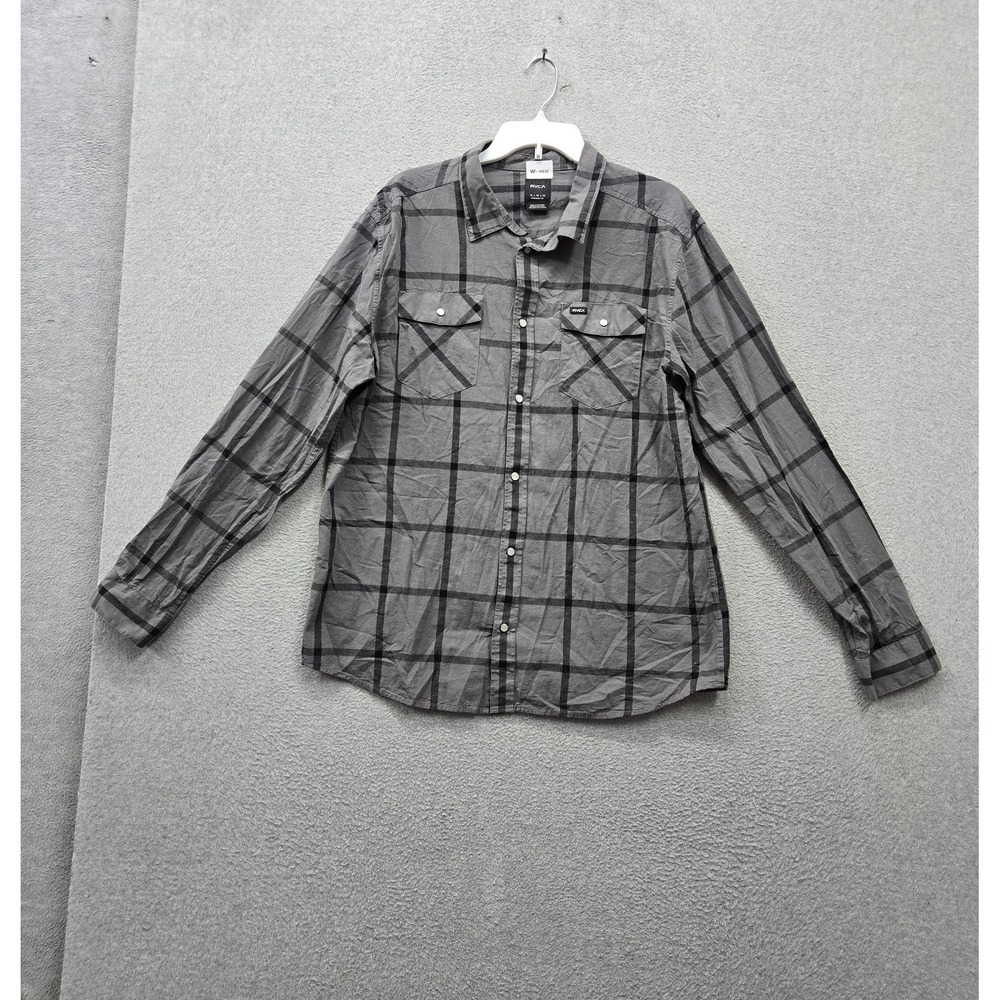 RVCA Men Button Up Shirt XL Gray Plaid Western Pearl Snap Long Sleeve Logo